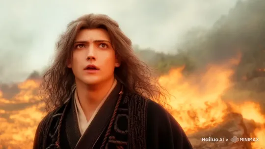 人物抬头向上看去，眼神往上看目光坚定，神情慌张惊讶
 by Hailuo AI Video Generator