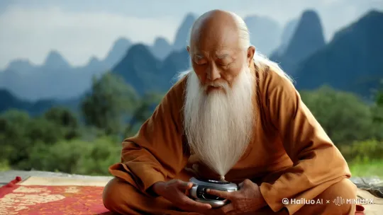 老年道士,白头发,白胡子,闭目盘着退,双手握于小腹。升起在半空,然后拿出科技装置,按下电钮后全身发光,后面出现科技感的宇宙飞船,飞船上刻有“成仙”的字,最后老年道士被上方的飞碟吸走,飞碟也随即飞走,背景为远山与白云。下方有一百个弟子盘坐在地上,仰视,写实电影质感,怀旧色调,神圣肃穆, by Hailuo AI Video Generator