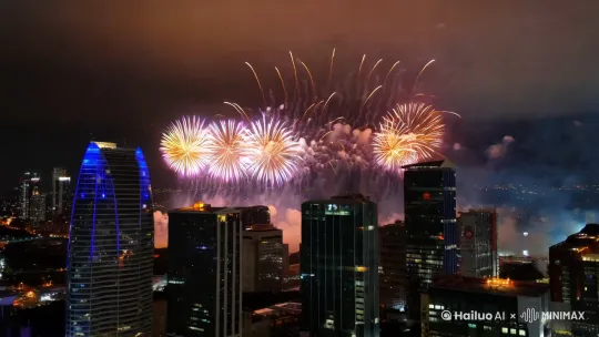 城市夜景，礼花在空中绽放 by Hailuo AI Video Generator