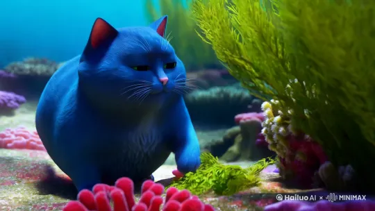 一只蓝色的胖猫在水里面找到了特辣的海藻 by Hailuo AI Video Generator