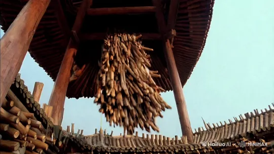 首先，一根根木材从天而降，它们在空中旋转着，仿佛被无形的线牵引着，精确地落在预定的位置，形成转角楼的主要框架。这些木材都是经过精心挑选和加工的，它们在土家族转角楼的实体营造中发挥着重要作用。
紧接着，一片片瓦片如同轻盈的羽毛，缓缓飘落，它们在风中舞动，最终落在木材框架上，形成屋顶。这些瓦片不仅为建筑提供了遮风挡雨的功能，还增添了一种古朴的美感。
最后，一块块石头从地面升起，它们被巧妙地安置在建筑的底部，为转角楼提供了坚实的基础。这些石头在沿河、山地、峡谷地区的地基中发挥着关键作用，它们请石匠砌出牢固的堡坎。
整个过程就像是一场精心编排的舞蹈，每一个元素都有其特定的角色和位置。最终，这些木材、瓦片和石头共同构成了一座坚固而美丽的转角楼，它不仅是一件建筑艺术品，也是土家族文化的象征。 by Hailuo AI Video Generator