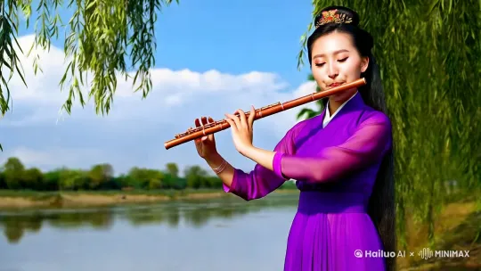 蓝天白云的背景，一位穿着紫色衣服的东方美女，站在河边柳树下吹笛子。注意手部细节的完美。电影效果 by Hailuo AI Video Generator