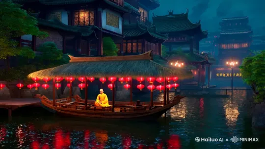 中国风格的 CG 场景,图片展示了一个看似亚洲城市的宁静夜景。一艘茅草屋顶的木船停靠在木制平台上。床尾有一名穿着长袍的僧人,船上有几件物品,包括挂在船侧的红灯笼。平台周围是潮湿的、可能下雨的环境。上方有多个建筑物,其中一些有汉字标志。路灯照亮了氛围,为场景投下温暖的光芒。 by Hailuo AI Video Generator