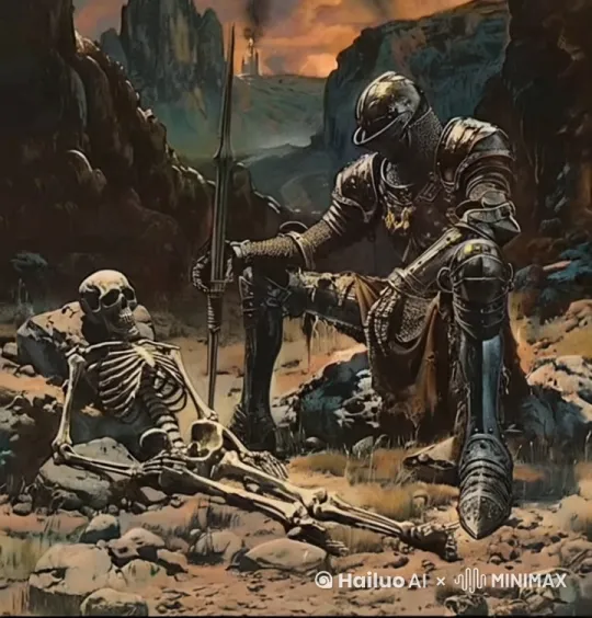 休息的骑士与地上的骷髅 by Hailuo AI Video Generator