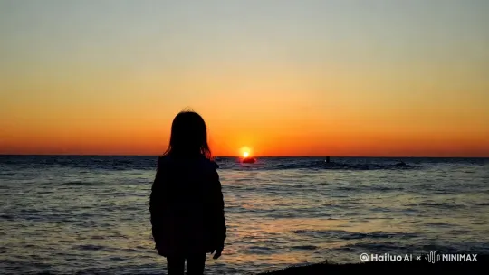 黄昏，一个女生的背影站在海岸线边遥望无尽的大海，大海中一枚导弹从水下的潜艇从发射而出，导弹破开水面飞向空中 by Hailuo AI Video Generator