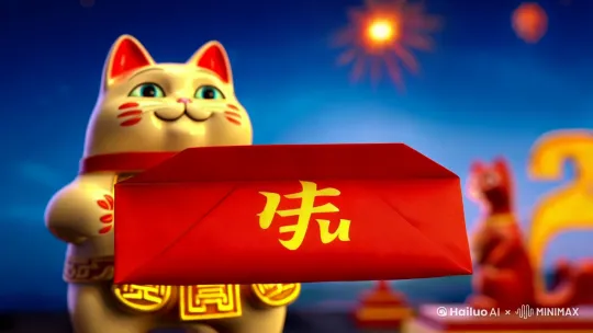 春节萌猫迎福,动态描述:镜头从猫手中的“福”字红包开始放大,瞬间红包打开, 金色光芒四溢,红色福球漂浮升空,最终化作绚丽的烟花在空中绽放,猫咪惊喜地眨微笑, 背景“福”字逐渐变成闪耀的金光。情感设计: 喜庆暖心,洋溢幸福。技术要点:粒子特效、 光效爆发动画、动态模 糊切换。创新亮点:红包与烟花结合,猫咪反应增添趣味。 by Hailuo AI Video Generator