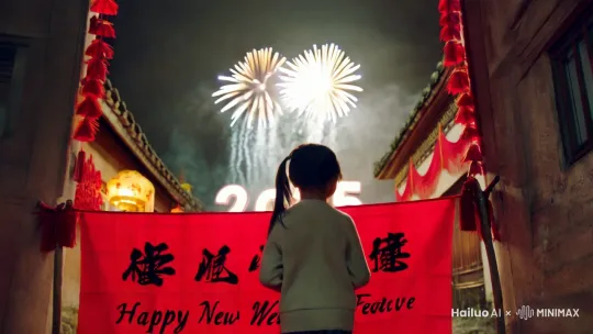 春节期间，一个女孩从巷子里走出来，手拿写字“新春快乐”四个大字的红纸，随后身后放出了很多烟花烟花直冲天空在天空中形成了浪漫的“2025”四个大字，在消散，箱子里所有的房屋逐渐变得有新年的气氛，所有屋内人走出来，拿着手提小灯笼，欢度新年 by Hailuo AI Video Generator