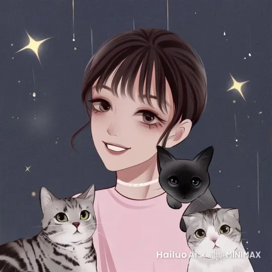 星星在夜空中闪烁，猫咪在女生身边撒娇，女生眉眼温柔 by Hailuo AI Video Generator