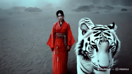 一个妙龄美女身穿褪色的红衣汉服站在一只体型巨大的白虎身旁，女孩衣衫褴褛，历经风霜，面向镜头行走，白虎体型巨大在行走，背景是一片沙漠背景大雾弥漫，灰暗，灰色调，废土风格，低饱和度，低镜头仰拍镜头，近距离特写镜头，侘寂风格，东方美学，青橙色调，大师杰作，长焦摄影，超清写实摄影，超清8K，极简风格，超高细节 by Hailuo AI Video Generator