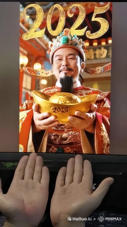 人物穿过屏幕，把金元宝放到屏幕跟前的手里 by Hailuo AI Video Generator
