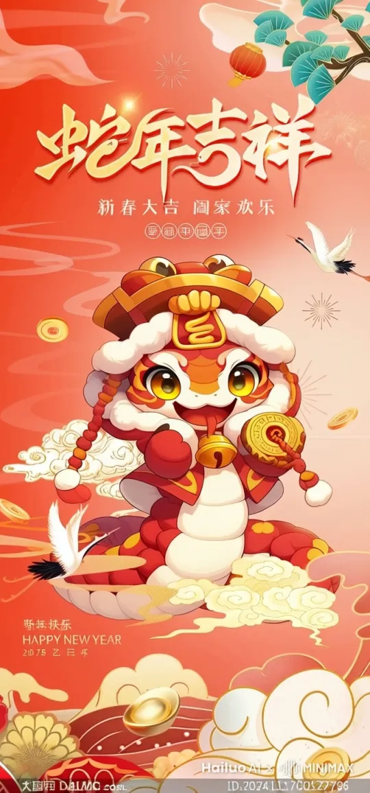 小蛇扭动着身子，白云在蛇的周围环绕，仙鹤从小蛇身边飞过，金币散落在小蛇周围，呈现一派祥和的景象 by Hailuo AI Video Generator