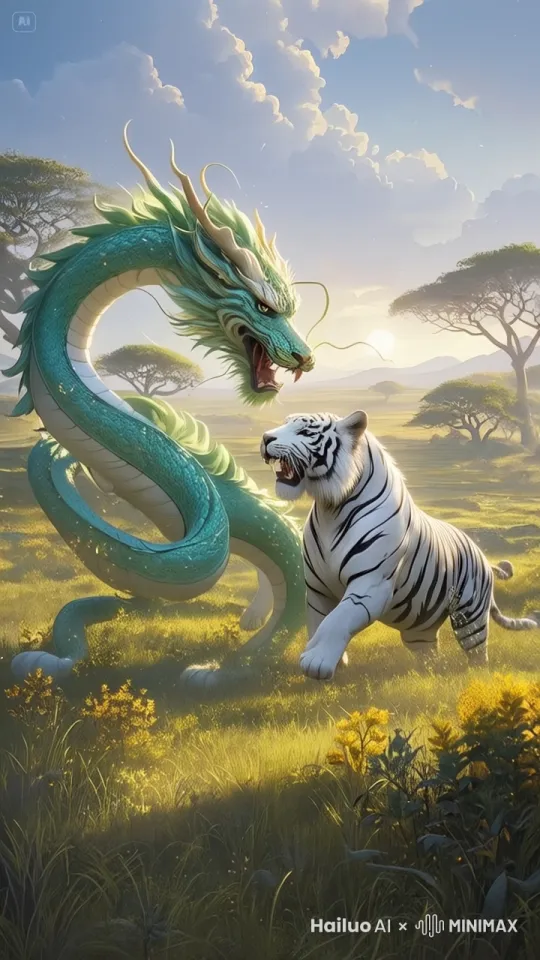 青龙与白虎打斗场面 by Hailuo AI Video Generator