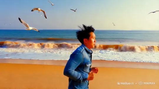生成一段45秒,MP4格式的视频。画面中一位身着休闲牛仔装的东方帅哥在海边的沙滩上慢跑,帅哥面庞坚毅,眼神专注,额前碎发随风轻扬。周围环境有湛蓝的大海、金色的沙滩,海浪不断拍打着岸边,还有几只海鸥在空中翱翔。视频风格为青春活力,色彩以蓝色与金色为主,添加明亮的阳光光影效果。音频方面,配上动感激昂的流行音乐,以及海浪声、海鸥叫声和帅哥跑步的脚步声。分辨率设置为1920×1080。 by Hailuo AI Video Generator