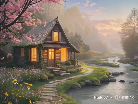 桃花瓣缓缓飘落，小溪缓缓流动，花草树木轻轻摇动 by Hailuo AI Video Generator