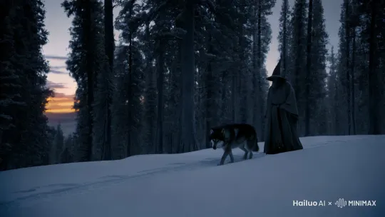 黄昏，一个巫师在漫天大雪的森林小道上行走，旁边伴随着一只黑灰色的狼。
 by Hailuo AI Video Generator