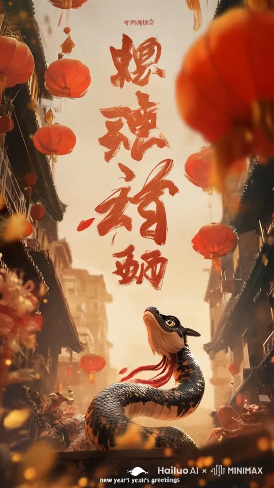 围绕主体运镜，蛇慢慢抬头，向上游动，看向镜头，眨眼，灯笼微微飘动，烟雾微微飘动，烟花绽放，优雅的动画，8k，稳定性，超高清，超级细节，高清画质，高质量， by Hailuo AI Video Generator
