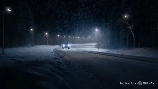 深夜林间公路上下着大雪，路灯下，能看到雪越下越大，一辆蓝色越野车从公路远处深飞驰而过，撞飞了穿马路的一头雄鹿。 by Hailuo AI Video Generator