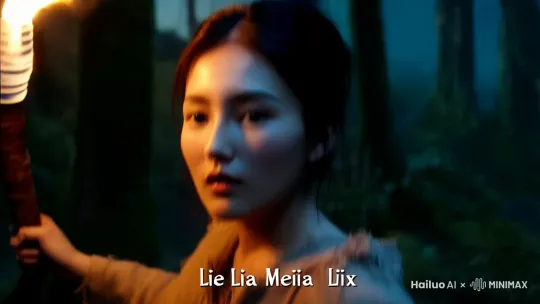 脸部特写，夜晚，一片丛林之中，李美盈身着原始人的粗布衣服，把火把转向身后，头也随之看过去， by Hailuo AI Video Generator