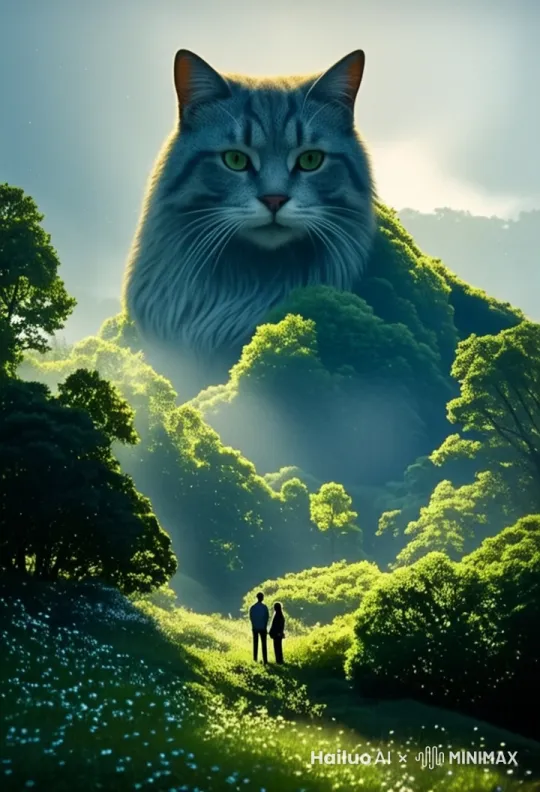 猫咪慢慢低下头靠近渺小的人类，脖子的毛被风吹的摆动 by Hailuo AI Video Generator