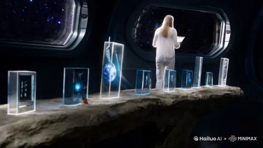 一个分不清上下左右的宇宙飞船空间内部，两个发光的人正在看着舷窗外的宇宙，一位距离舷窗很近另一位在不远处使用一个弧形的材质像是石头又像是金属的活动的类似书架的槽子，槽子里放着一块块类似玻璃质感的宇宙，每隔几个槽子就有一个垂直框架，上面有着类似编号一样的符号 by Hailuo AI Video Generator