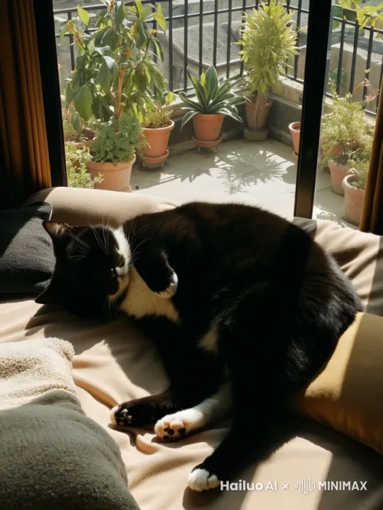 猫猫在惬意地午睡，肚子轻缓地一起一伏。 by Hailuo AI Video Generator