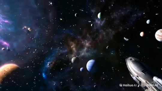 在一个浩瀚的多元宇宙里，有着数不清的恒星、行星，有大的，也有小的，还可以看到虫洞、黑洞，有宇宙飞船，画面类似于电影《星际穿越》里的画面，画面看起来非常逼真 by Hailuo AI Video Generator