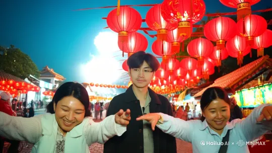 在布满红色灯笼的街道上，满脸微笑地面对镜头作揖，背景街道上人来人往，夜晚的天空中烟花绽放 by Hailuo AI Video Generator