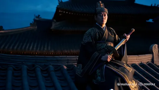 在明亮月亮的黑夜，一个身穿鱼龙服，腰间挎着绣春刀的锦衣卫，藏在一个明朝时期的北京四合院的房顶，一只手按在瓦片上，另一只手按在腰间的绣春刀的刀把上，虎视眈眈的看着庭院里的两个身穿白色紧身泳衣的25岁左右的成年女护卫，两个女护卫身后的窗户剪影里，一个苗条的19岁成年女子在窗前正在梳洗打扮。 by Hailuo AI Video Generator
