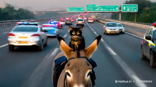 一只猫骑着驴上高速，后面被交警追。 by Hailuo AI Video Generator
