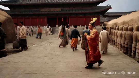 秦始皇穿越到西安，吃了美食后又去了兵马俑 by Hailuo AI Video Generator