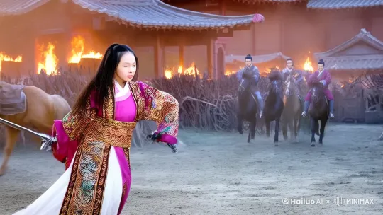 一位身着华美古装，后背斜挎着锋利宝剑的少女，正置身于乱军丛中，与敌人奋力厮杀，不停地将敌人斩落马下 by Hailuo AI Video Generator