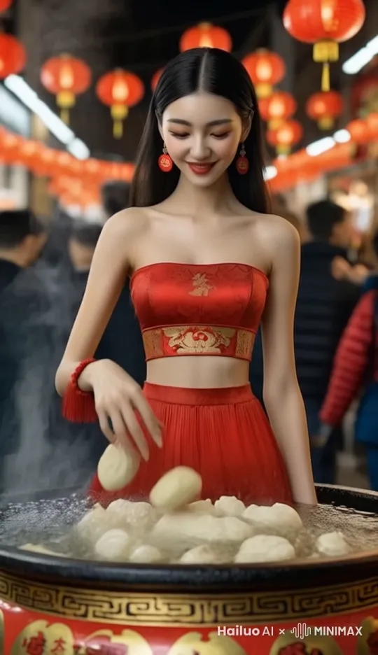 画面描述：镜头特写热气腾腾的红色大锅，清澈的热水中漂浮着几颗饺子。饺子洁白饱满，表面微微泛光，随着水波轻轻晃动，偶尔有饺子旋转一圈，营造一种轻松、温暖的画面。
	•	美女动作：
	•	美女站在锅中，微微弯下腰，用手指轻轻拨弄水中的饺子，动作优雅而从容。
	•	她的脸上挂着灿烂的笑容，眼神温柔，仿佛在欣赏这锅中“艺术品”。
	•	动态细节：
	•	锅中的水面泛起细小的涟漪，饺子随着她的动作在水中轻微晃动。
	•	蒸汽缓缓升起，但仍保持柔和的状态，环绕着锅沿和美女的脸庞。
	微红的脸颊上带着浅浅的笑意，嘴角微微上扬，显得温暖又俏皮。 by Hailuo AI Video Generator