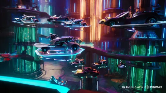 赛博堡垒里面全是机器人和人类的悬浮汽车 by Hailuo AI Video Generator