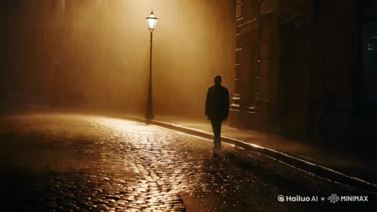 电影画质，夜晚下着小雨雾气迷蒙，一盏路灯下面一个男人孤独的背影行走着。 by Hailuo AI Video Generator