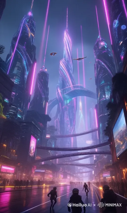 理解图片建筑结构，在对的位置全息投影广告 ，科技感 by Hailuo AI Video Generator