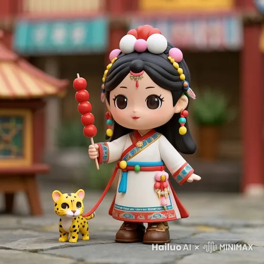 小女孩吃着糖葫芦，嘴里自言自语，小花豹蹦蹦跳跳跑出屏幕，整体运镜由近至远， by Hailuo AI Video Generator