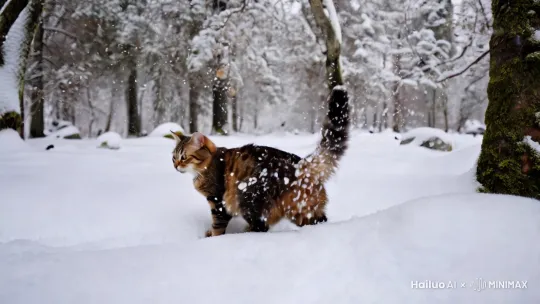 一只猫在下着大雪的山林里玩耍，这画面既宁静又充满生机。雪花纷纷扬扬地飘落，覆盖了山林，整个世界仿佛被一层柔软的白色毯子包裹。猫儿在雪地里轻盈地跳跃，留下一串串小巧的脚印，它的毛发上沾满了雪花，显得格外蓬松。

猫儿时而追逐飘落的雪花，时而停下来好奇地嗅嗅周围的树木和岩石。它的眼睛在雪地里闪烁着光芒，仿佛在探索这个被雪覆盖的神秘世界。尽管天气寒冷，但猫儿似乎并不在意，它享受着这片宁静的雪景，仿佛这是它的游乐场。

山林里的树木被雪压弯了枝头，偶尔有几只小鸟飞过，打破了这片寂静。猫儿抬头看了看，然后又继续它的雪地探险。它的身影在雪地里显得格外醒目，仿佛是这个白色世界中的一抹灵动色彩。

这样的场景让人感到温暖而宁静，仿佛时间在这一刻静止了。猫儿在雪地里玩耍的画面，不仅展现了它的活泼与好奇，也让人感受到大自然的美妙与和谐。 by Hailuo AI Video Generator