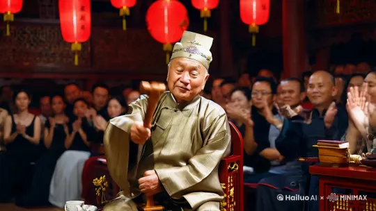 快板评书，一位老先生坐在台上，手拿案板，津津有味的讲着有趣的故事，赢得台下观众热烈掌声。 by Hailuo AI Video Generator