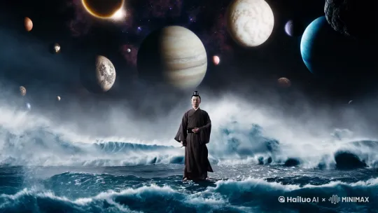 一位道人站在海中央，头顶上是滔天巨浪，天空中有巨大的行星 by Hailuo AI Video Generator