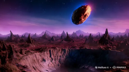 做一个未知星球上一颗流星从天而降，落在地上砸出一个深坑，一个泛着蓝光和紫光的机械装置迅速打开里面呈现出一冒着烟气的桶装包上面清晰呈现出XPOWERFUL英文字母逐字闪烁一下 by Hailuo AI Video Generator