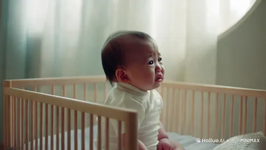 一个中国的小宝宝在婴儿床上哭。妈妈跑过来抱起他。喂他喝奶。 by Hailuo AI Video Generator