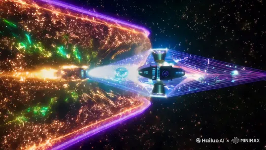 星际穿越之门，是散发着暗物质光晕与等离子体电弧的宇宙通道，交织着宇宙弦与量子能量流，引发引力畸变，作为多维空间跃迁、超光速入口与跨星系传送的未来科技跃迁装置，被星尘环绕，呈现出脉冲光矩阵与反物质屏障的虫洞界面 。 by Hailuo AI Video Generator