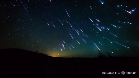 第一人称视角，仰视，天空中划过流星群，高对比度，画面唯美 by Hailuo AI Video Generator