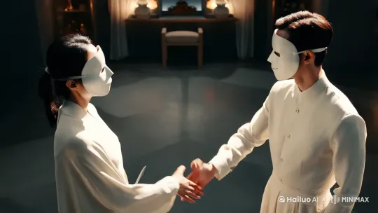 两个人站在一起握手，两个人每个人脸上都戴着一个白色人脸面具，两个人的时候两个人的另一只手藏在背后，并且握着一把刀 by Hailuo AI Video Generator