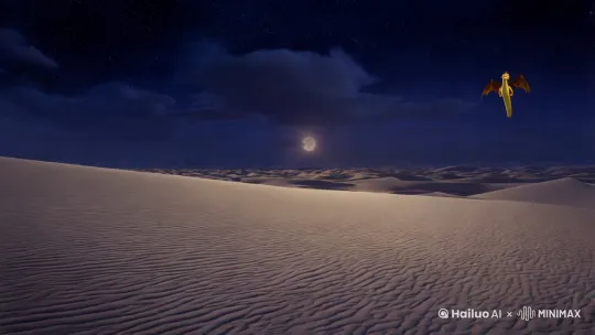 在一个漫天飞雪的夜晚，我们走在满满的沙漠沙看见一看见一条金色的黄龙在天上漫天飞舞这时候来一个美丽的仙女向我挥挥手。 by Hailuo AI Video Generator