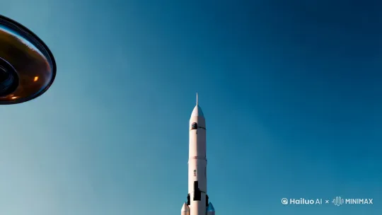 晴朗的天空，飞碟在天上发射一束激光攻击到地面上的火箭发射台，导致满屏幕的巨大爆炸。俯视视角切换。 by Hailuo AI Video Generator