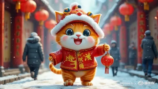 在雪地里蹦蹦跳跳的可爱橘猫，对着镜头作揖行礼 by Hailuo AI Video Generator