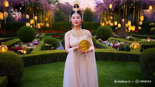 一位女神拿着金元宝在花园里拜年 by Hailuo AI Video Generator
