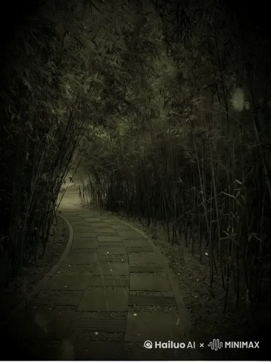 夜幕中竹林摇曳生姿，萤火虫飞舞，镜头推进 by Hailuo AI Video Generator