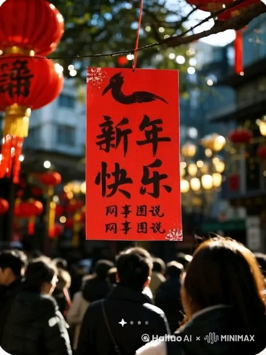 新年喜气洋洋过大年，一张新年快乐的标语在风中慢慢飘扬 by Hailuo AI Video Generator
